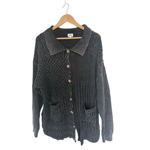 Women's BKE Buckle Washed Black Cable Knit Cardigan Chunky Sweater XL